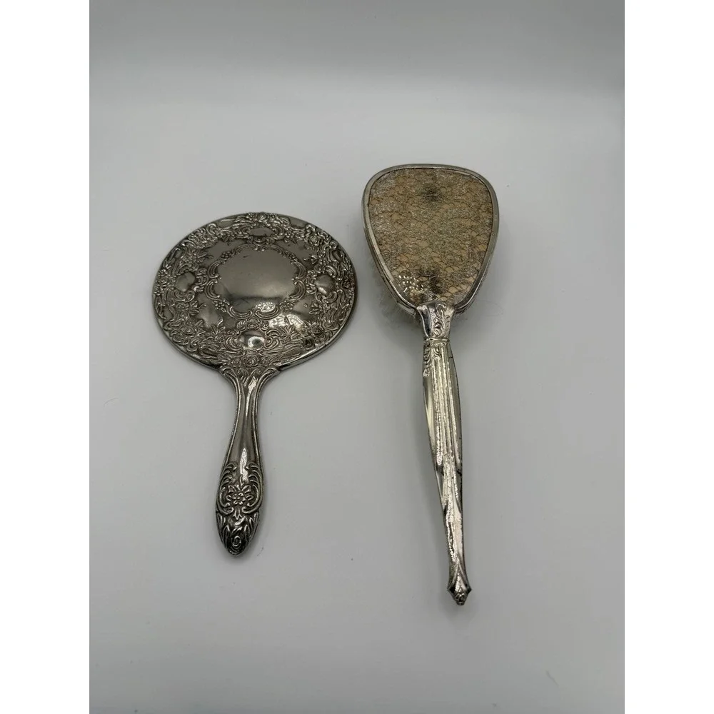 Vintage Silver Tone Repousse Hand Mirror and Brush Vanity Set Floral Lace Detail